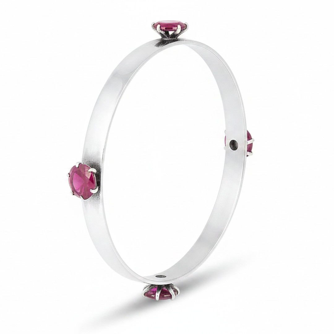 Handmade 925 Sterling Silver Bangle with Ruby Gemstones – 8.7 mm Round