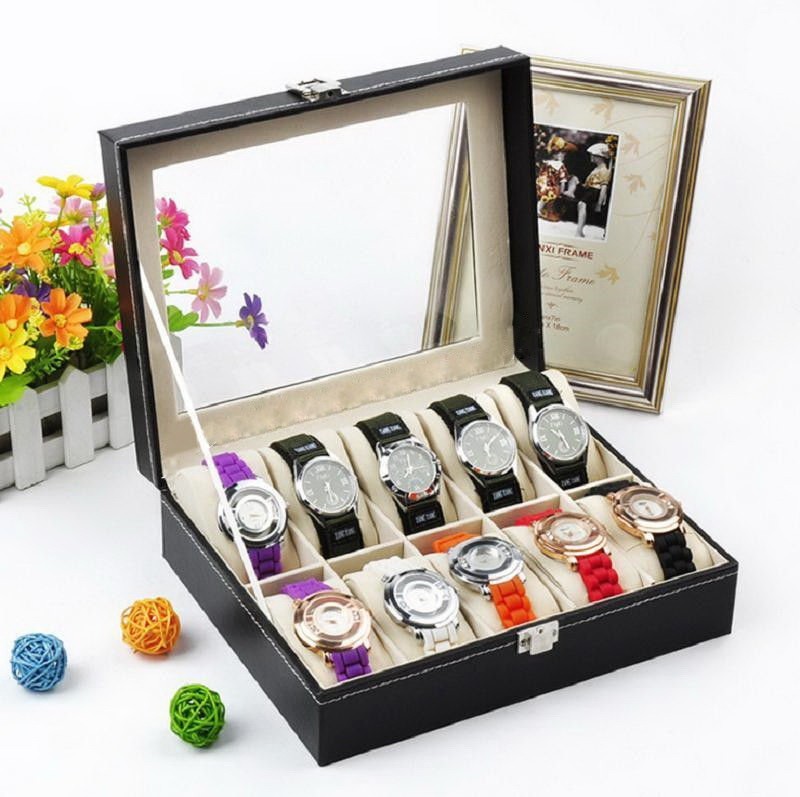 NEW 10 Compartments High-grade PU Leather Watch Collection Storage Box Black