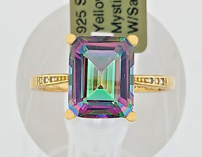MYSTIC TOPAZ 3.85 Cts & WHITE SAPPHIRES RING 14k YELLOW GOLD PLATED