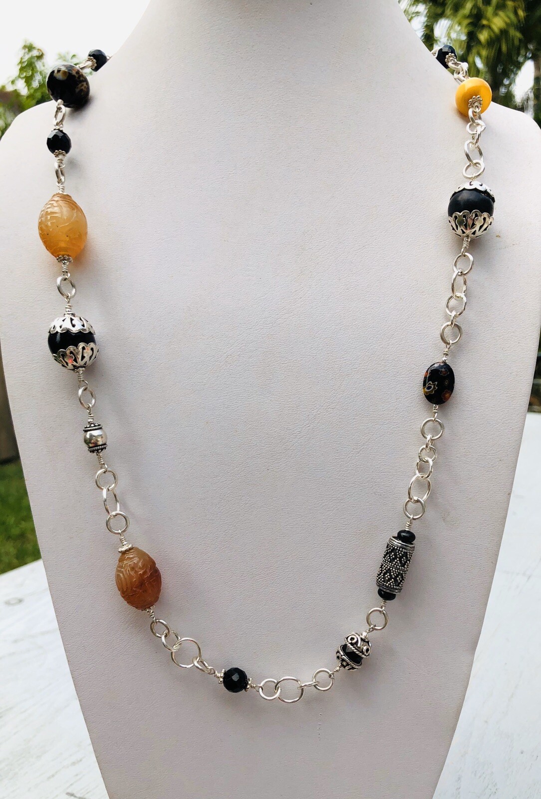 Necklace Black Coral Jade Jet Millefiori Amber & Carved Carnelian Bead. SS 37” L