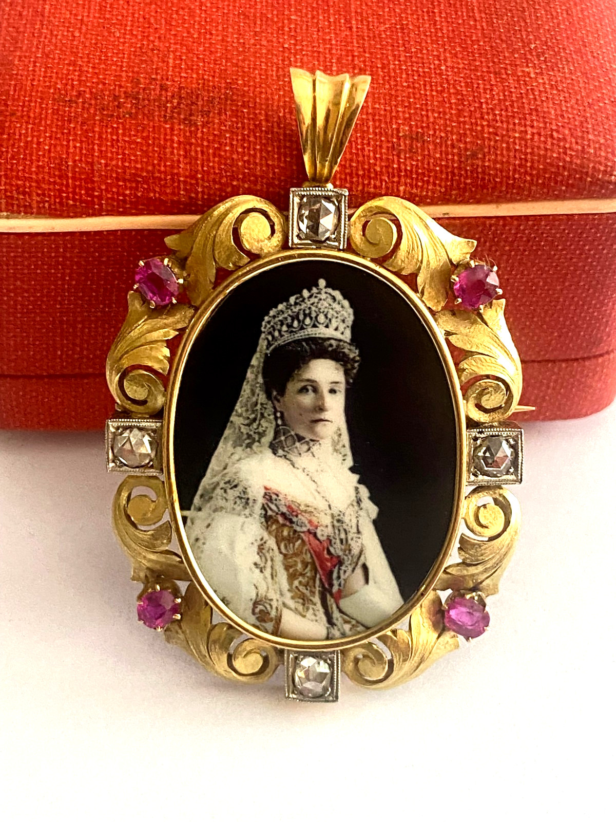 Imperial Rus. Alexandra Feodorovna Empress 18k Gold Rubies Diamonds Pin Brooch