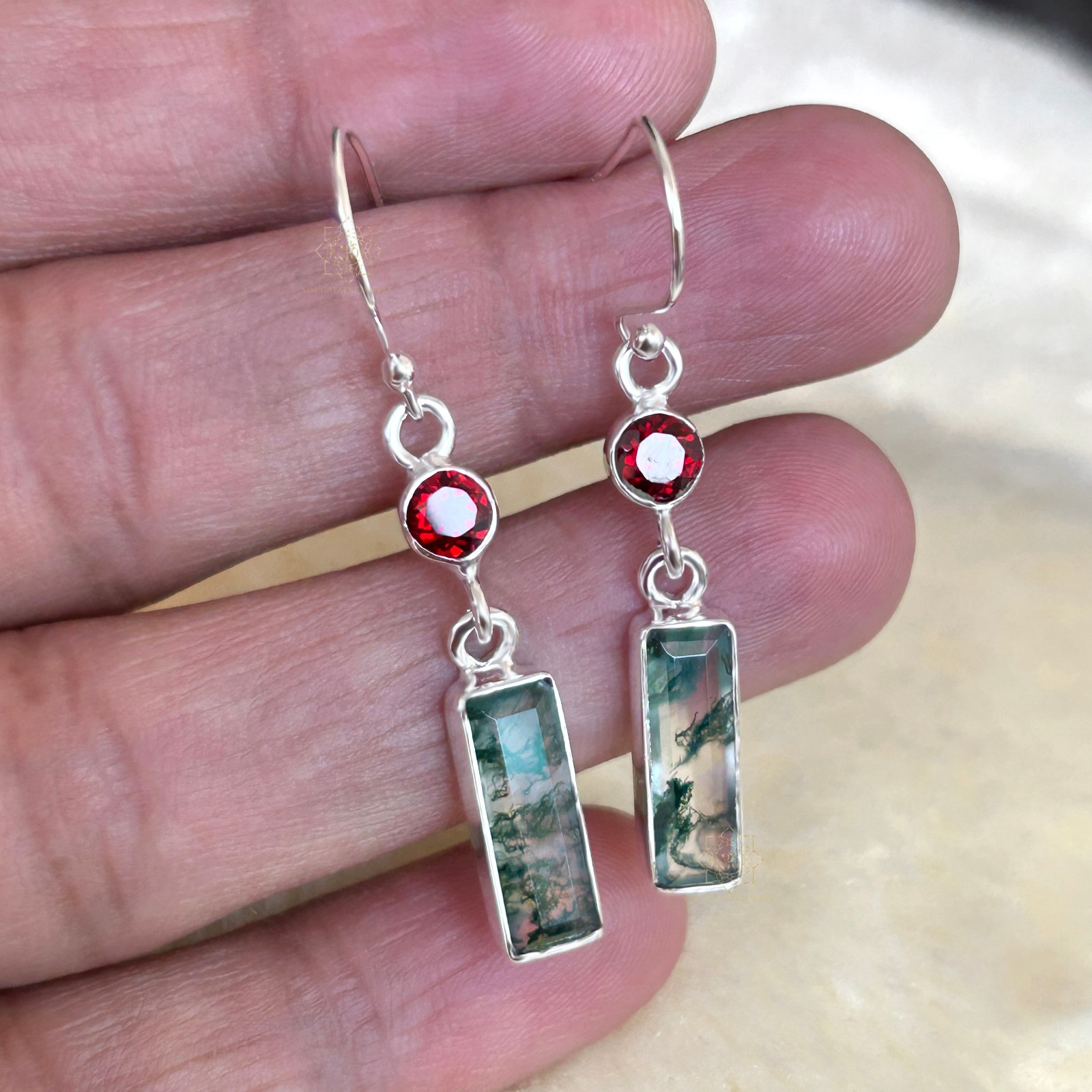 Rectangle Moss Agate & Garnet Earrings 925 Streling Silver Handmade Jewelry