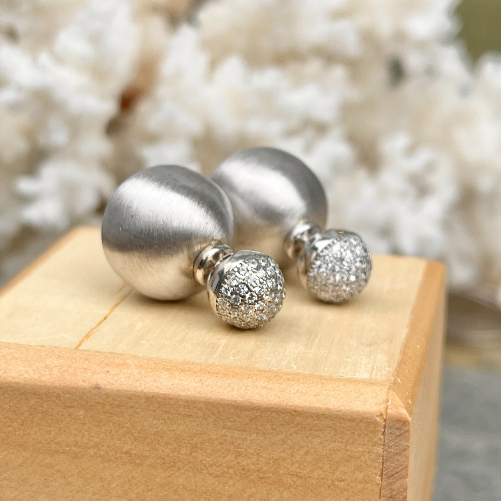 Sterling Silver Double-Ended Satin + Crystal Ball Earrings Small and Large NEW
