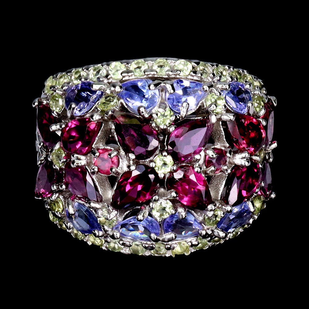 925 Sterling Silver Ring Pear Rhodolite Peridot Tanzanite Gemstone Jewelry Size
