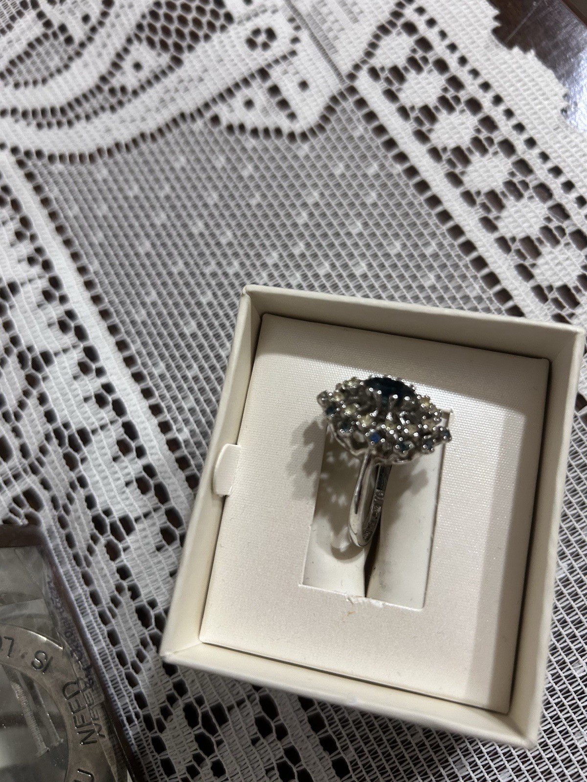 Vintage Art Deco Style Marquise Cut Blue Sapphire and rhinestones 18 kHGE Sz8