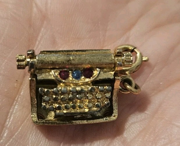 Vintage Monet Typewriter Charm w/ Rhinestones Not Stamped Gold Toned