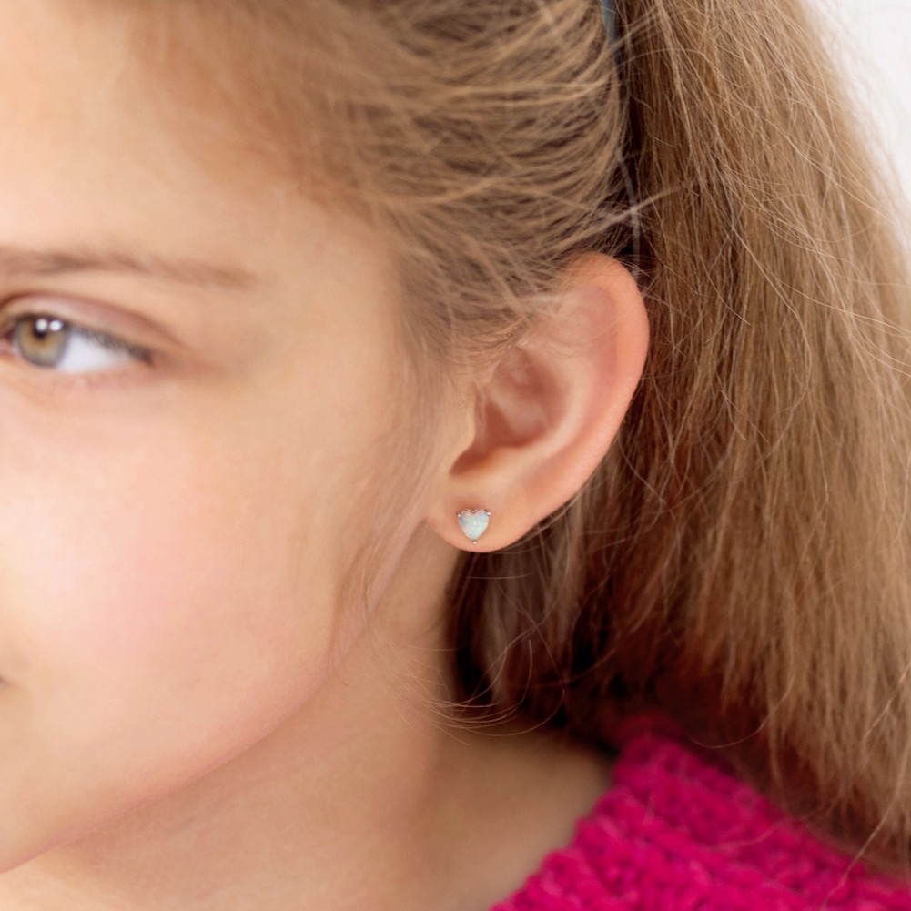 Opal Heart Kids / Children’s / Girls Earrings Screw Back – Sterling Silver