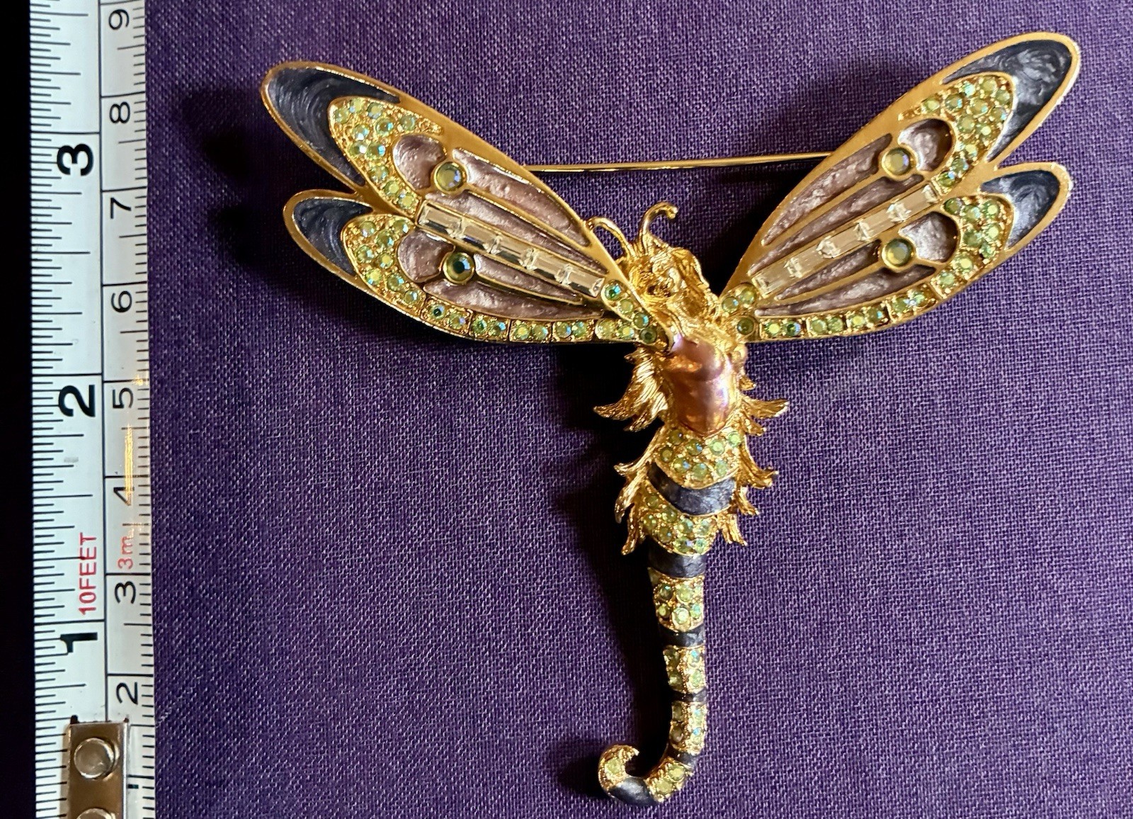 Kirks Folly Signed Dragonfly Brooch Pin Gold Tone Enamel Rhinestones 4in