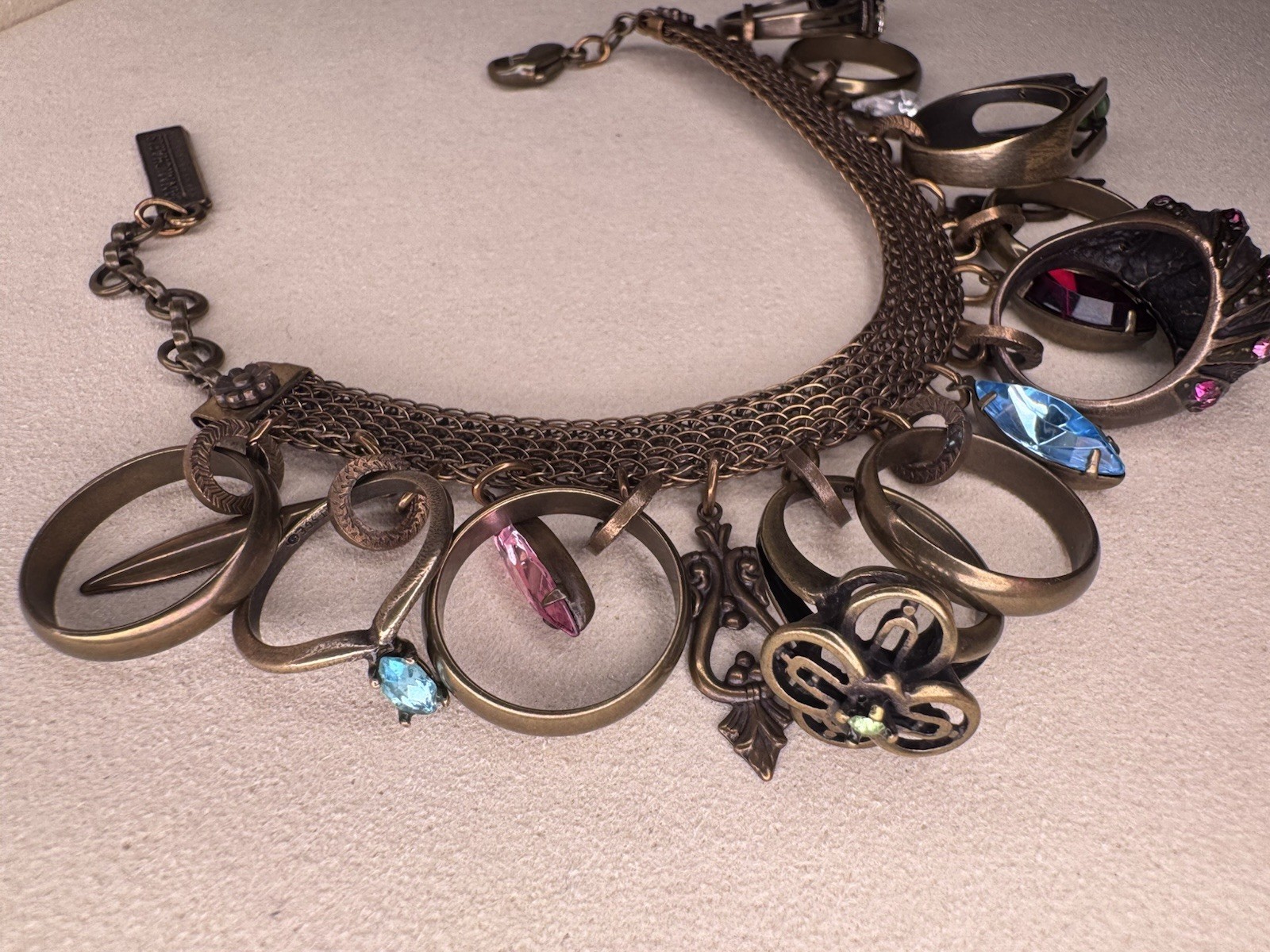 Vintage Ann Michaels Bronze Tone Charm Bracelet Multicolor Crystal Adjustable