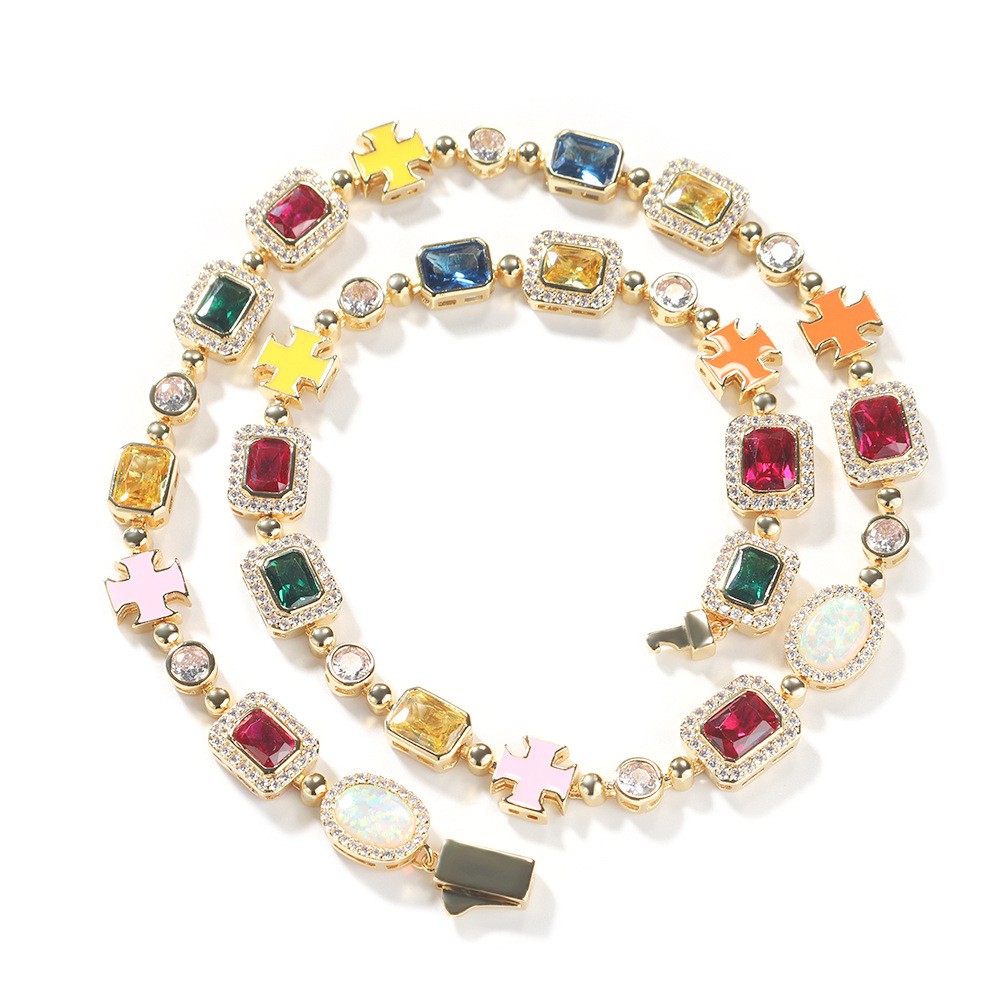 Gemstone Cross Tennis Chain Necklaces Bracelet Colored Men Women Hip Hop Jewelry