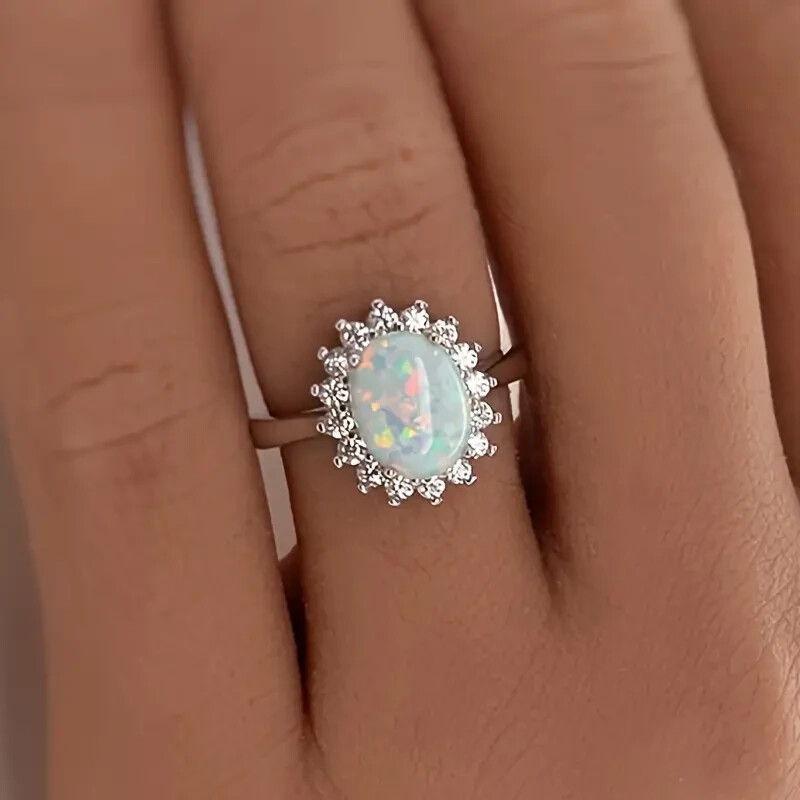 Elegant 925 Sterling Silver Rainbow Opal Charms Engagement Wedding Ring Size 6.5
