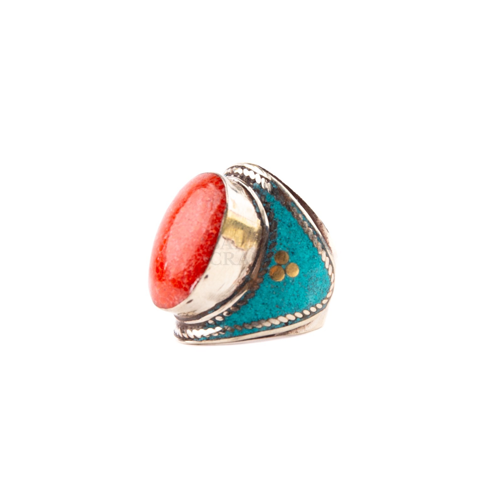 Tibetan Ring, Red Coral Stone Turquoise, Traditional Tibetan Bead Jewelry,