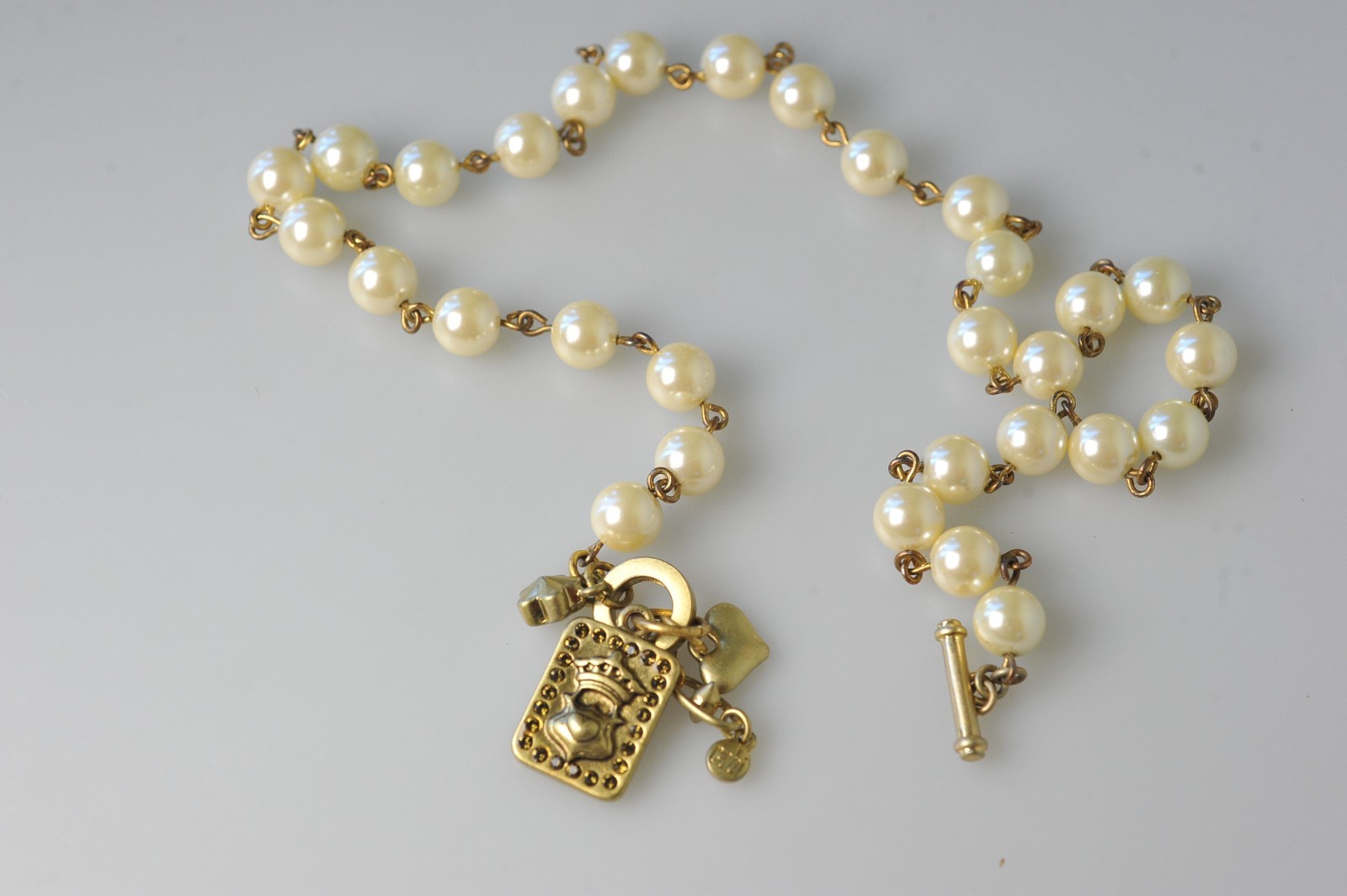 CAbi Necklace Gold Tone Rhinestone Faux Pearl charms dangle statement A