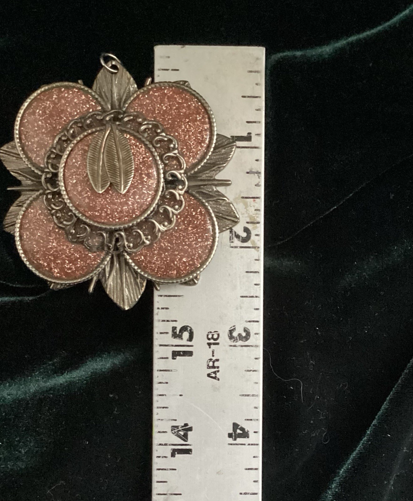 Unusual 1940s Delicate Bold Metal Flower Pendant w/ Agate Sparkles Russet Color