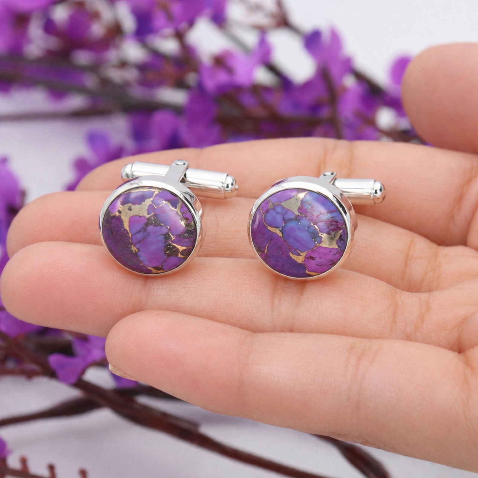 925 Sterling Silver Purple Copper Turquoise Cufflinks Men’s Formal Jewelry