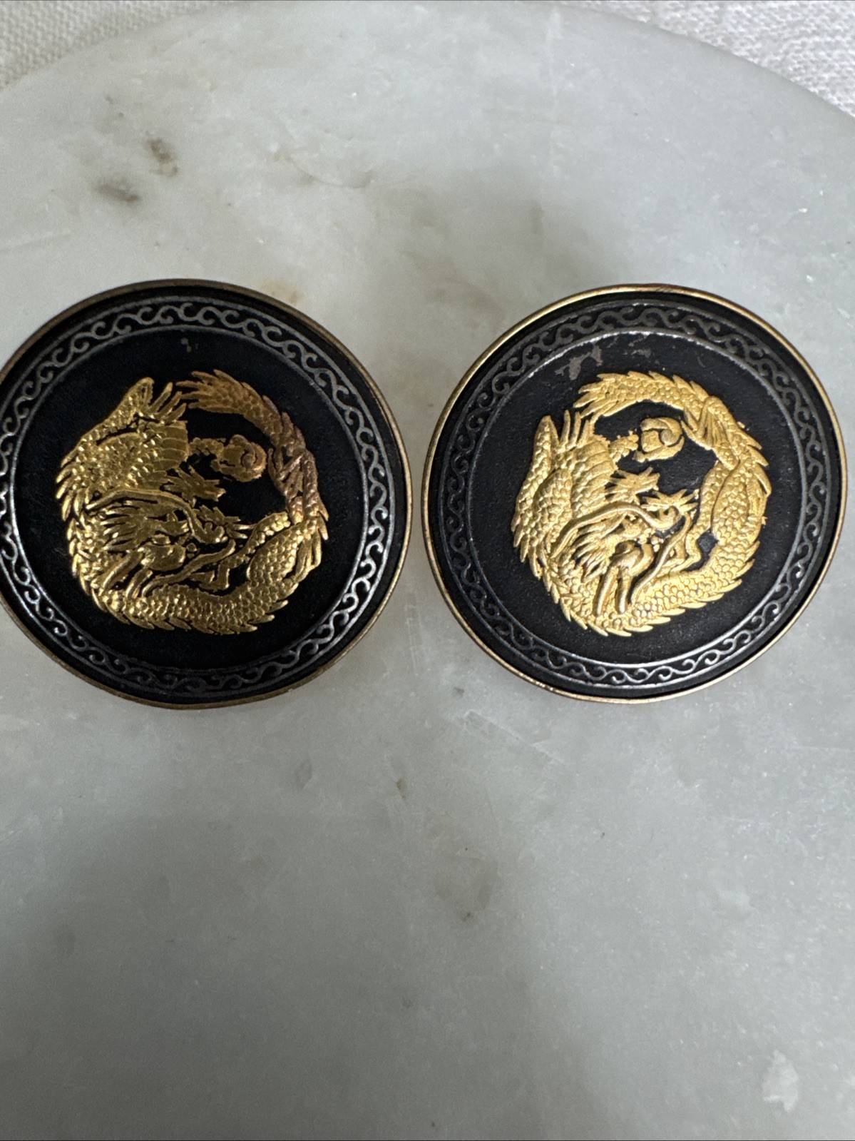 Vintage Caribe CD Gold Tone Black Enamel Dragon Cufflinks Round Signed