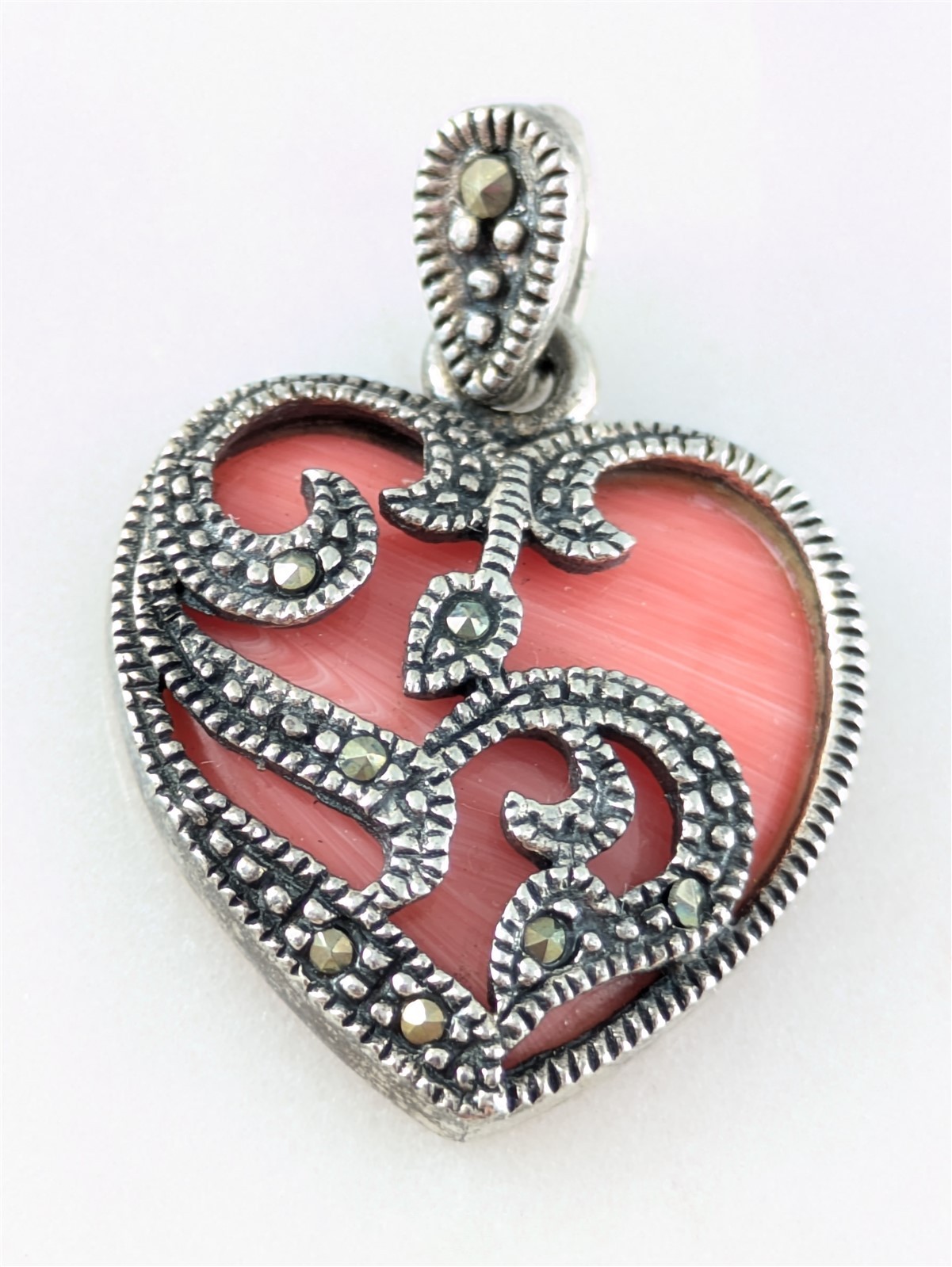 FAS Vintage Solid Sterling Silver Pink Coral Heart Marcasite Pendant 3 Grams