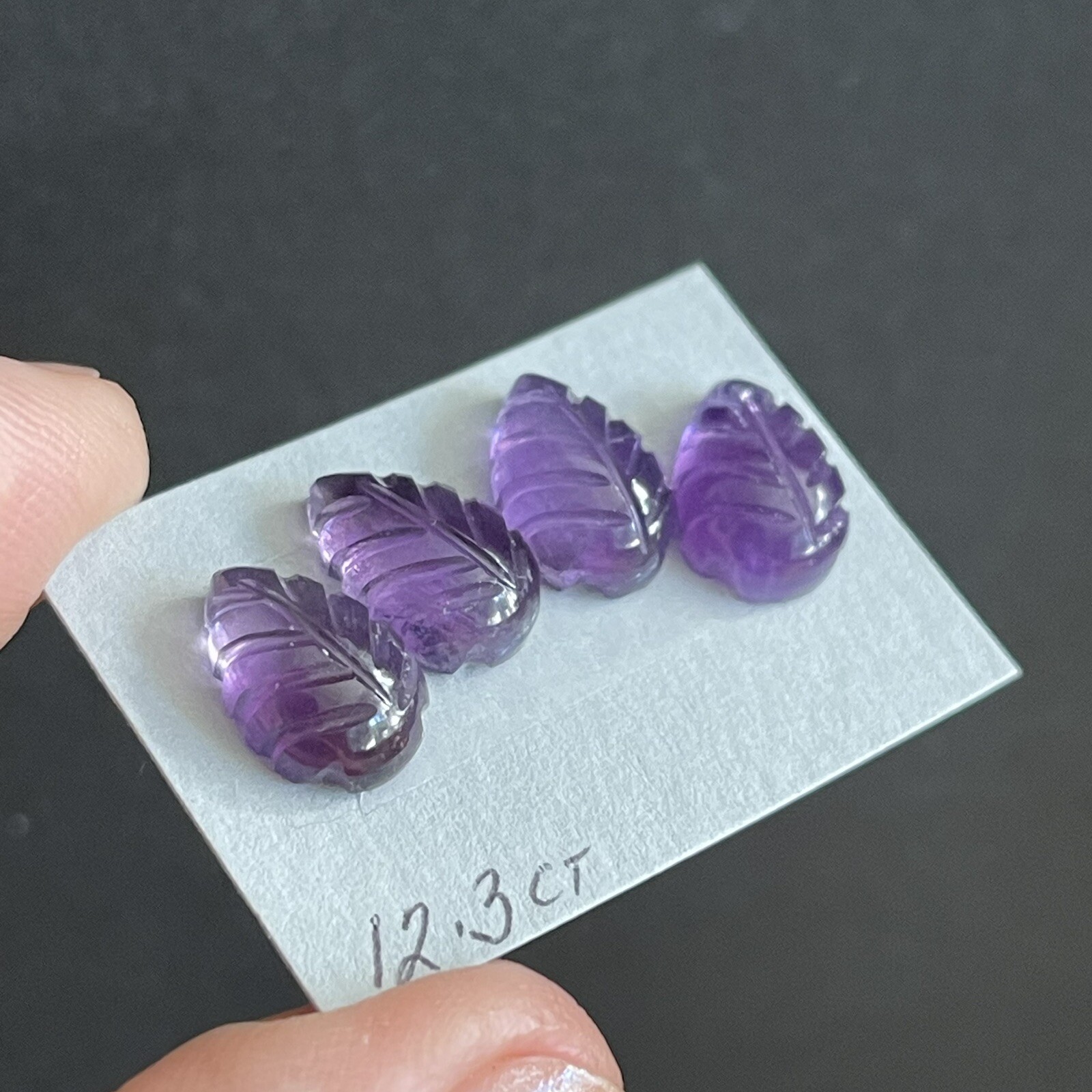 12.3ct 12x8x5mm 4pc Lot Purple Leaf Carved Flat Back Amethyst Cabochons Gems