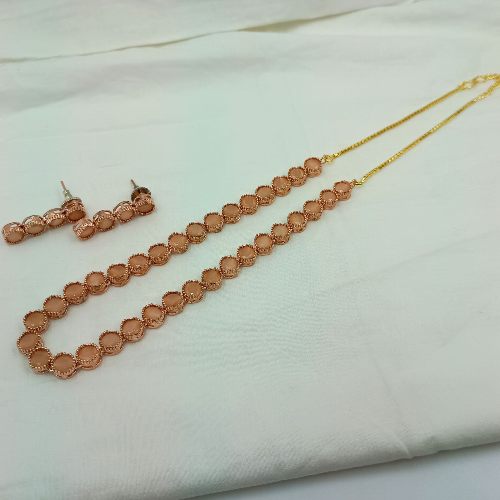 22K Gold Plated Peach Moonstone Bridal Necklace & Earrings Set India Jewelry