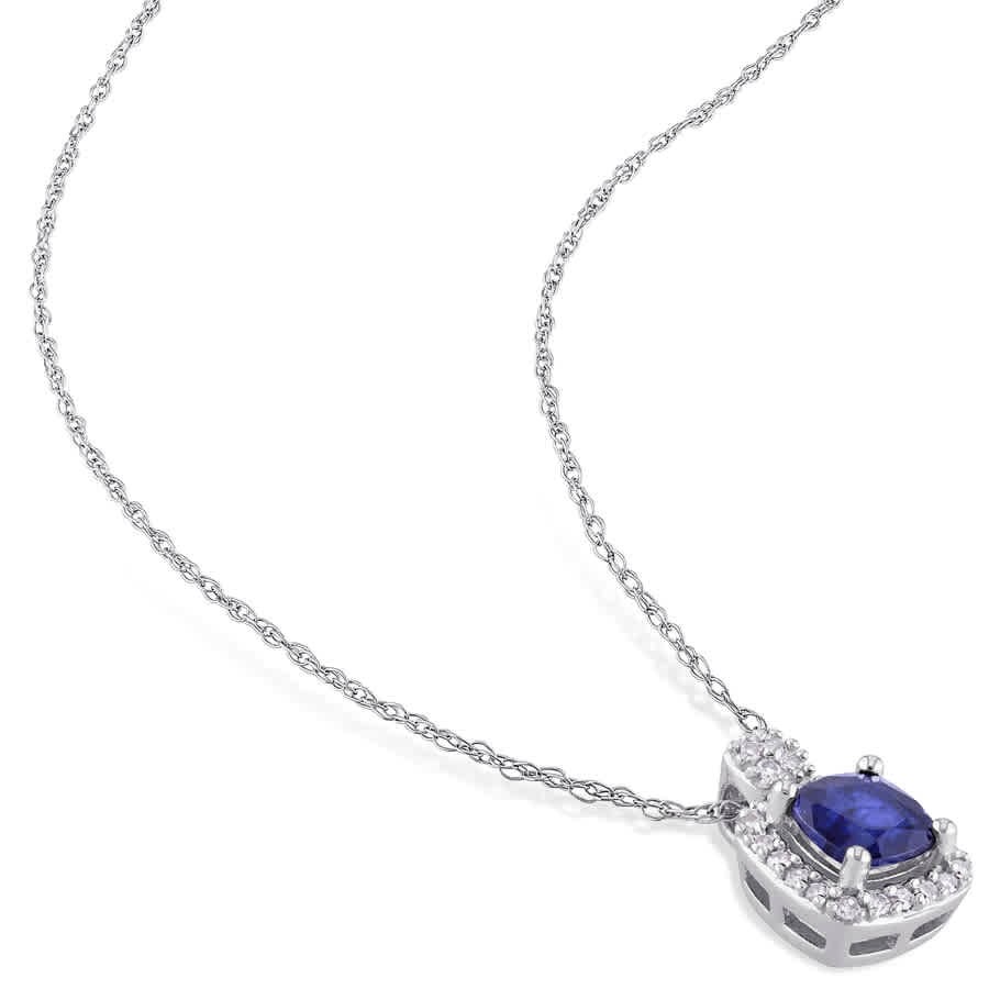 AMOUR 1/10 CT TW Halo Diamond and Cushion Cut Diffused Sapphire Pendant with