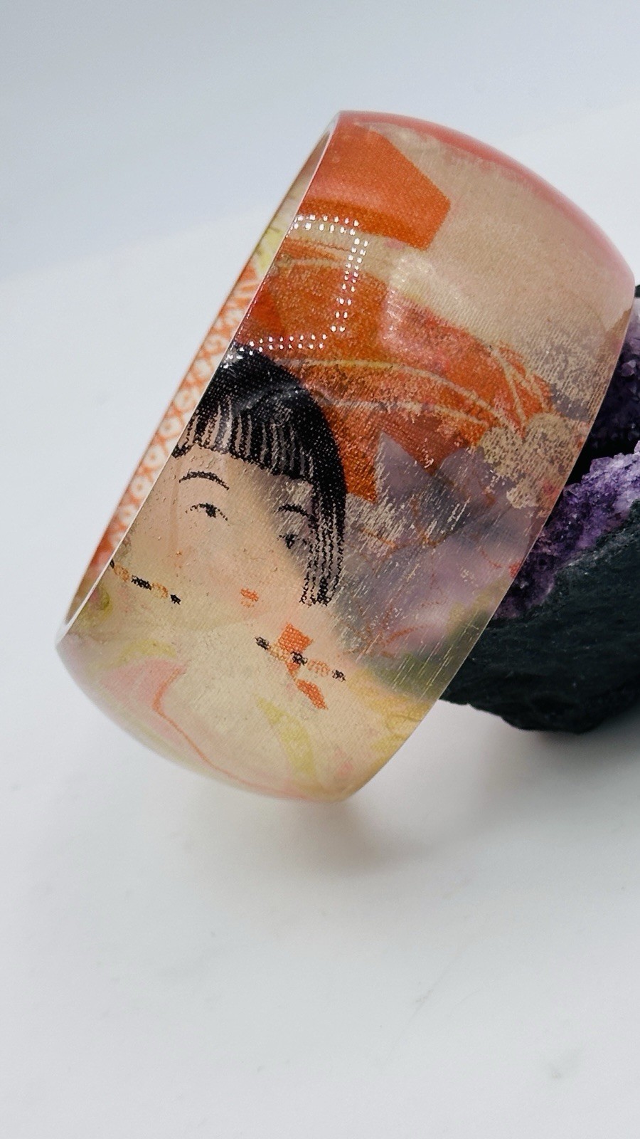 Vintage Signed Asian Geisha Decoupage Lucite Wide Bangle Bracelet Orange