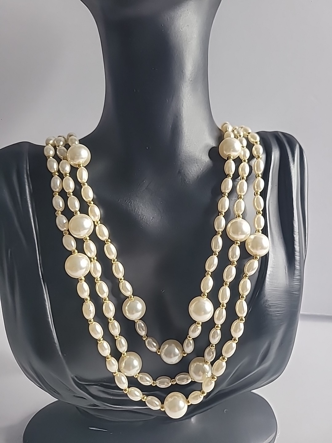 Decerny Faux Pearl Triple Strand Necklace Vintage Gold Tone Multi Strand Stateme