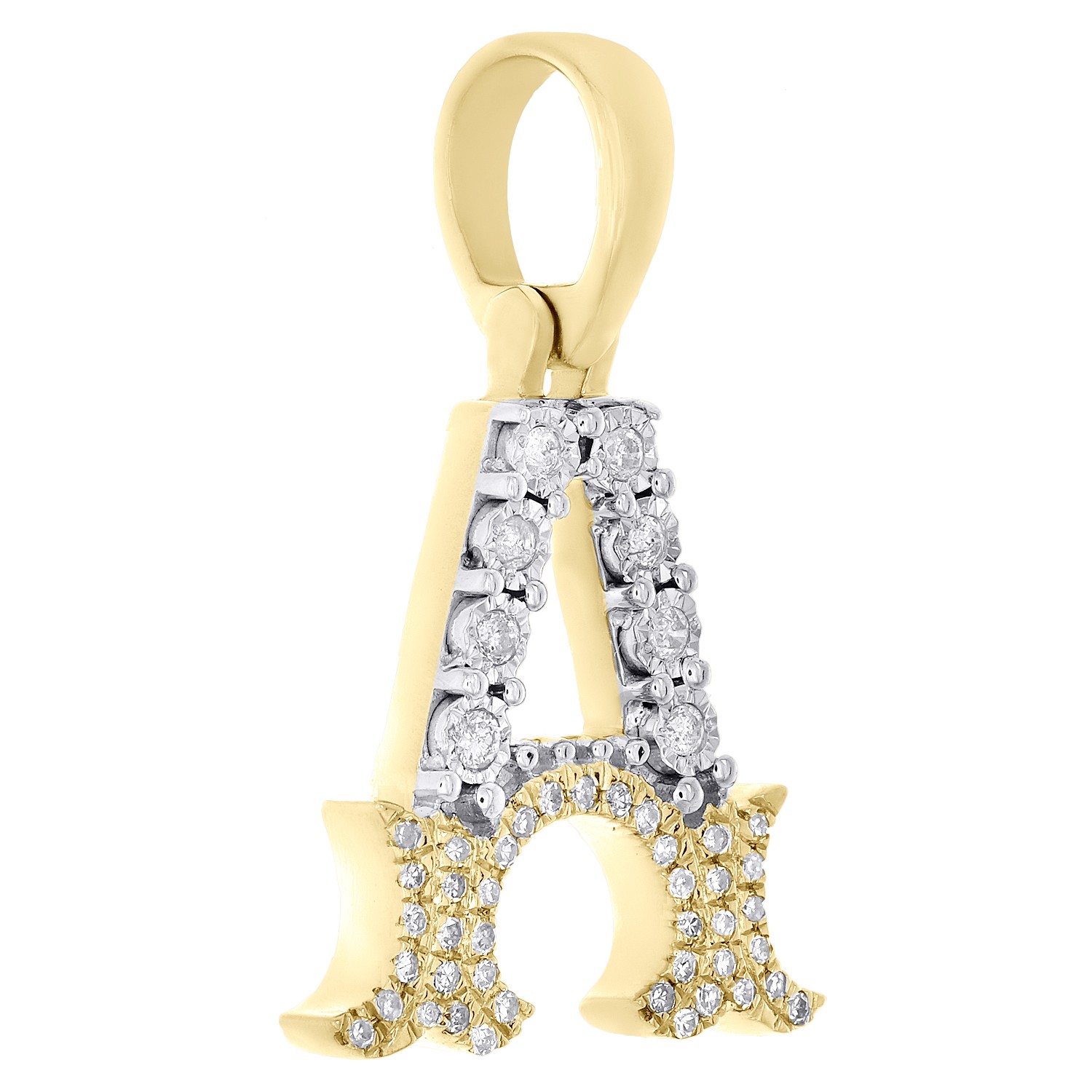 10K Yellow Gold Real Diamond Flared Block Font Letter A Initial Pendant 0.14 CT