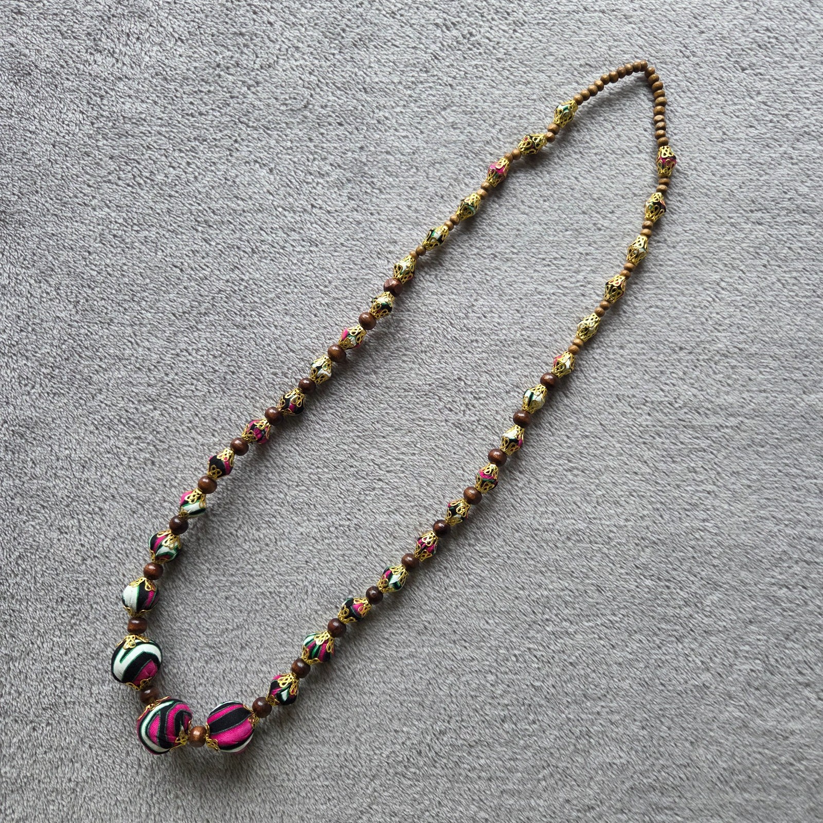 Handmade Floral Fabric Bead Necklace mixed with Gold Filigree, Wooden Bead 82cm