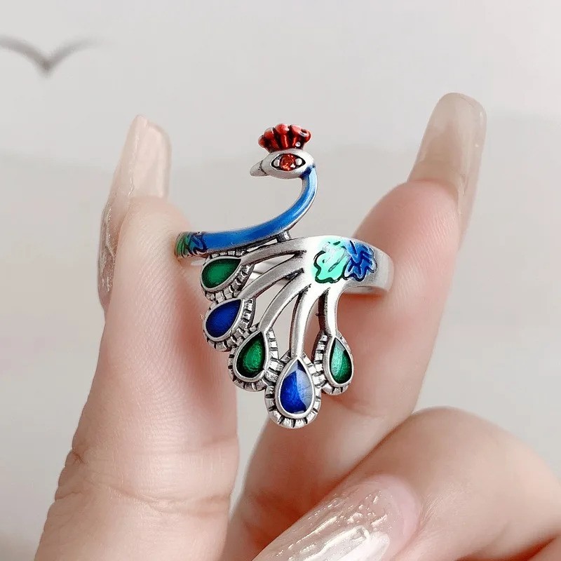 Peacock Bird 925 Sterling Silver Enamel Handmade Ring Adjustable