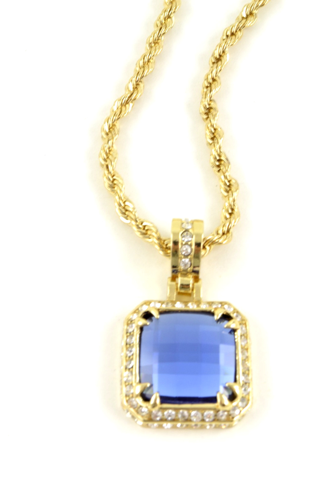 Yellow Gold Finish Blue Gemstone Chain and Charm Fashion Jewelry 24 inch Long