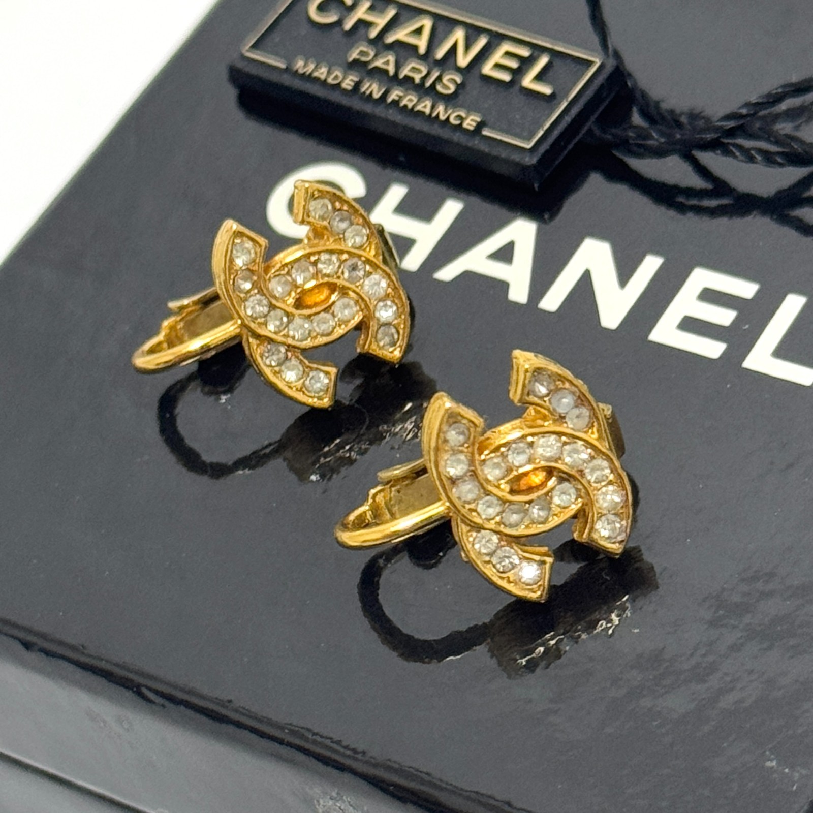 CHANEL 2092 CC Logo COCO Mark Earrings Gold Rhinestone Clip-On Authentic JAPAN