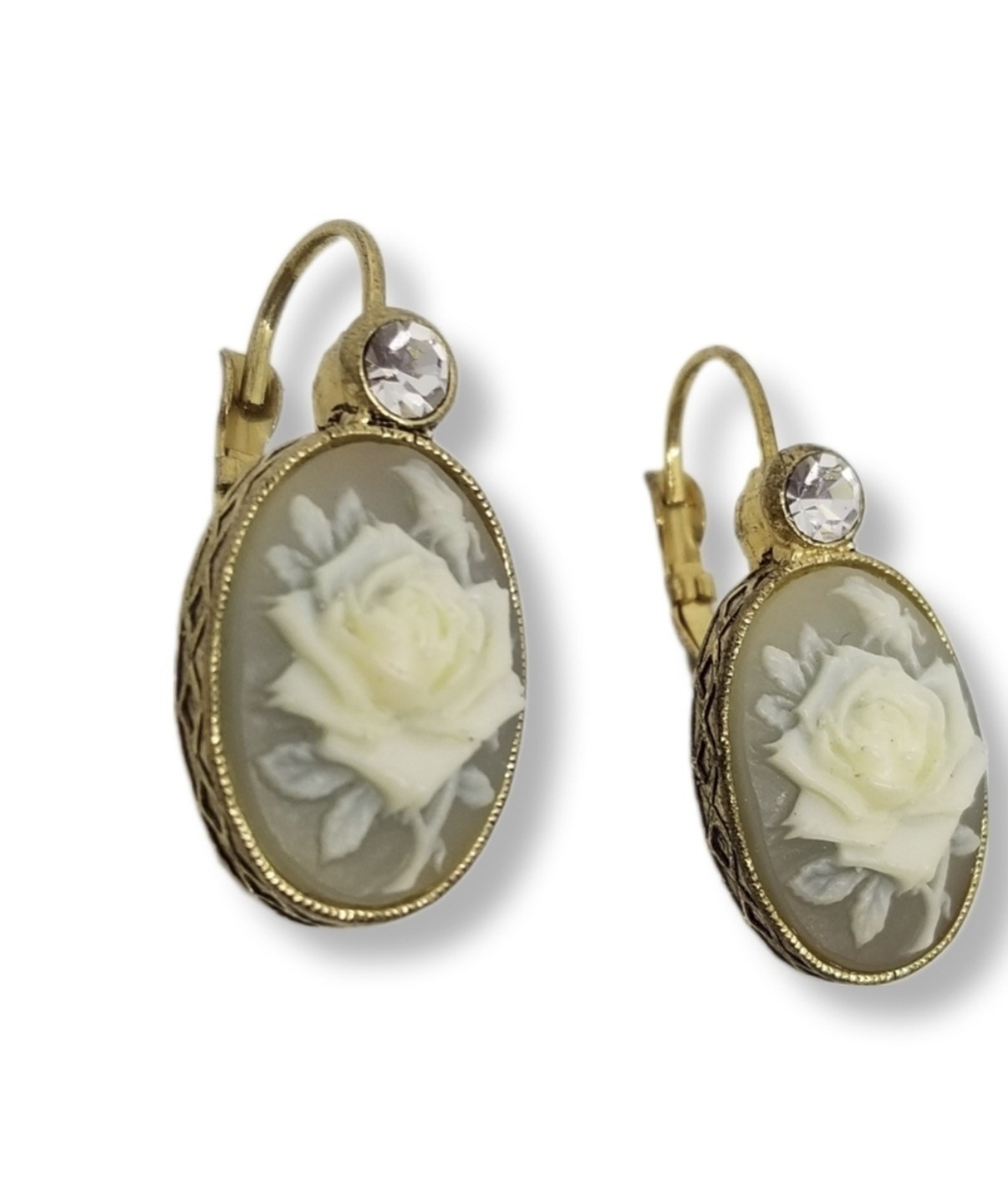 *Vintage Avon Blue Cameo White Rose Flower Gold Tone Rhinestone Pierced Earrings