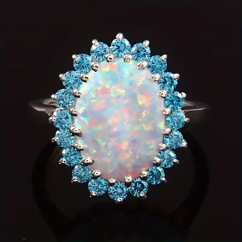 Elegant 925 Sterling Silver Fire Rainbow Opal Blue Topaz Engagement Ring Size 9