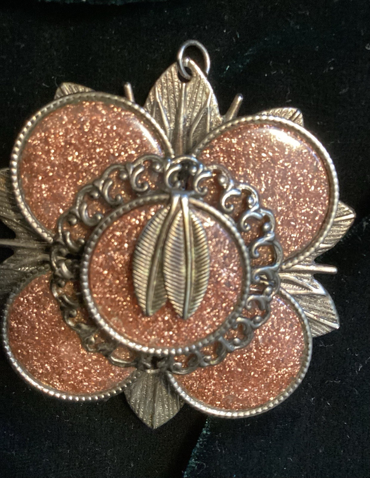 Unusual 1940s Delicate Bold Metal Flower Pendant w/ Agate Sparkles Russet Color