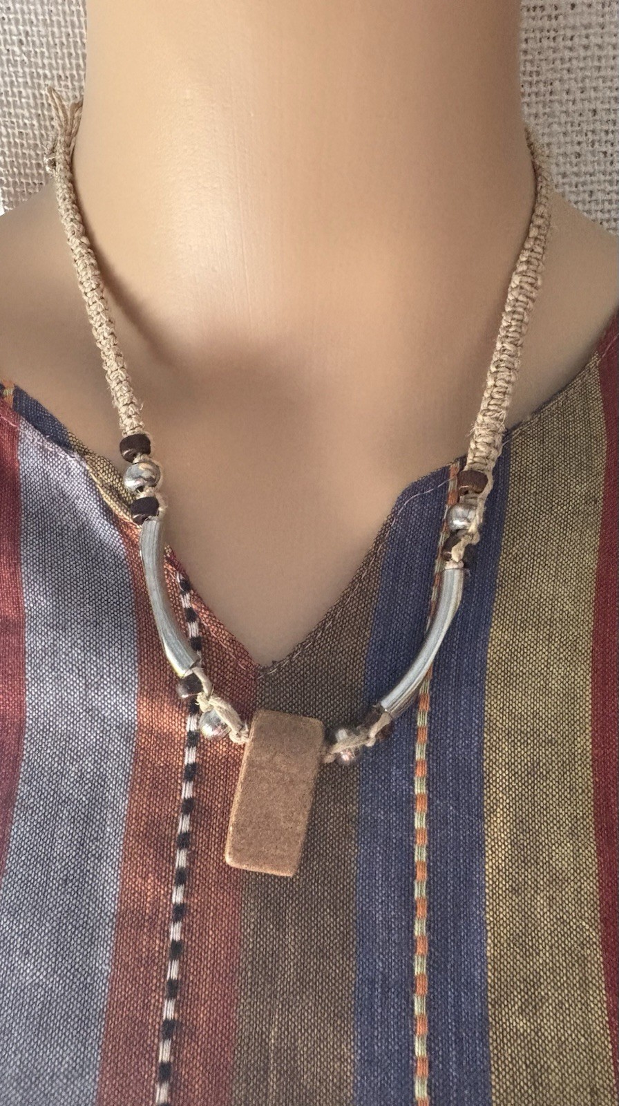 Silver Brown hemp Choker Necklace Rectangle Charm Pendant Adjustable Tie