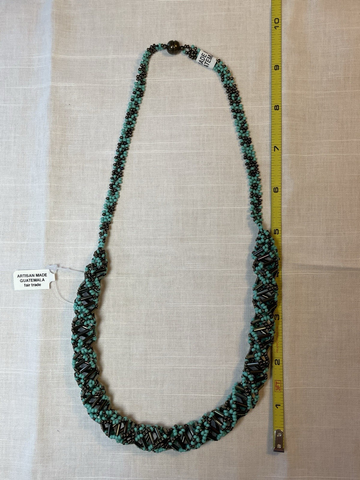 DNA Double Helix Necklace Handmade in Guatemala Czech Glass Beaded Turquoise 24”