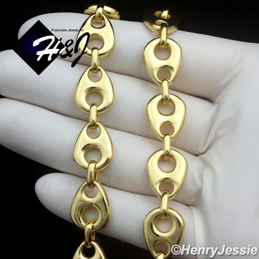 18″-40″MEN Stainless Steel 12mm Gold Plated Puffed Mariner Chain Necklace*GN170