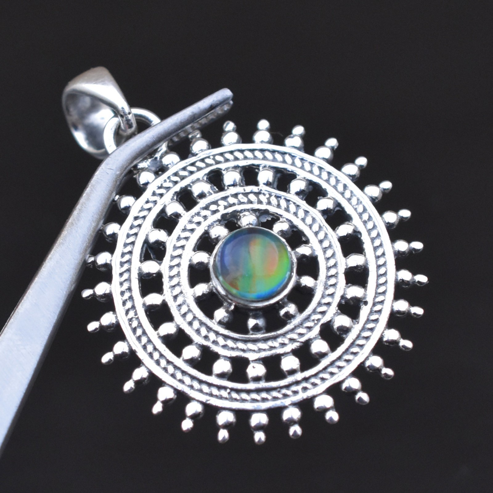 925 Sterling Silver Rainbow Fire Opal Sunburst Pendant, Handmade Boho Jewellery
