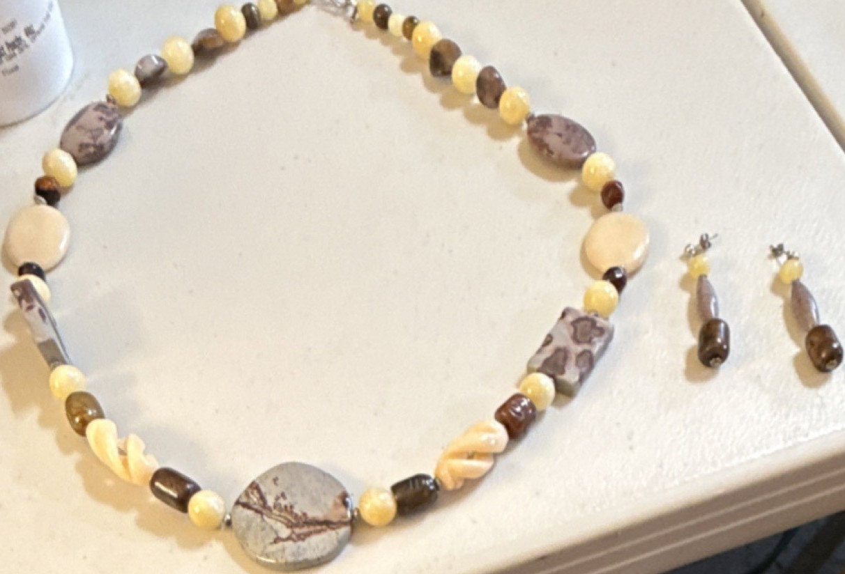 Jasper Handcrafted Jewelry Set Necklace Earrings Brown Cream Beige Stones Women