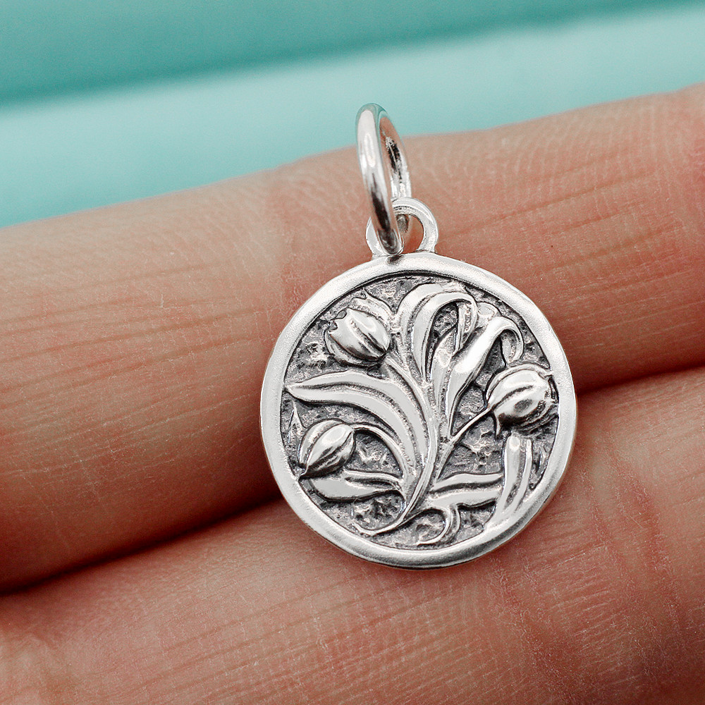 925 Sterling Silver Tulip Flower Pendant Charm Coin Fit Necklace Bracelet Chain