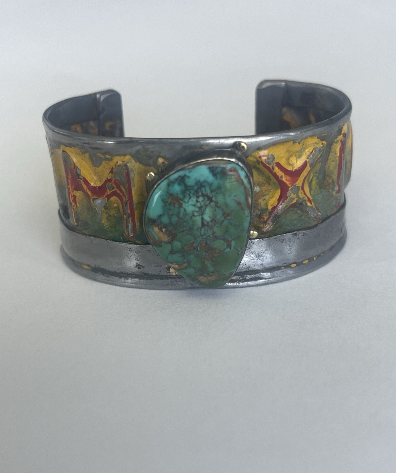 Kit Carson New Mexico License Plate Cuff Bracelet Turquoise 18k accents artisan