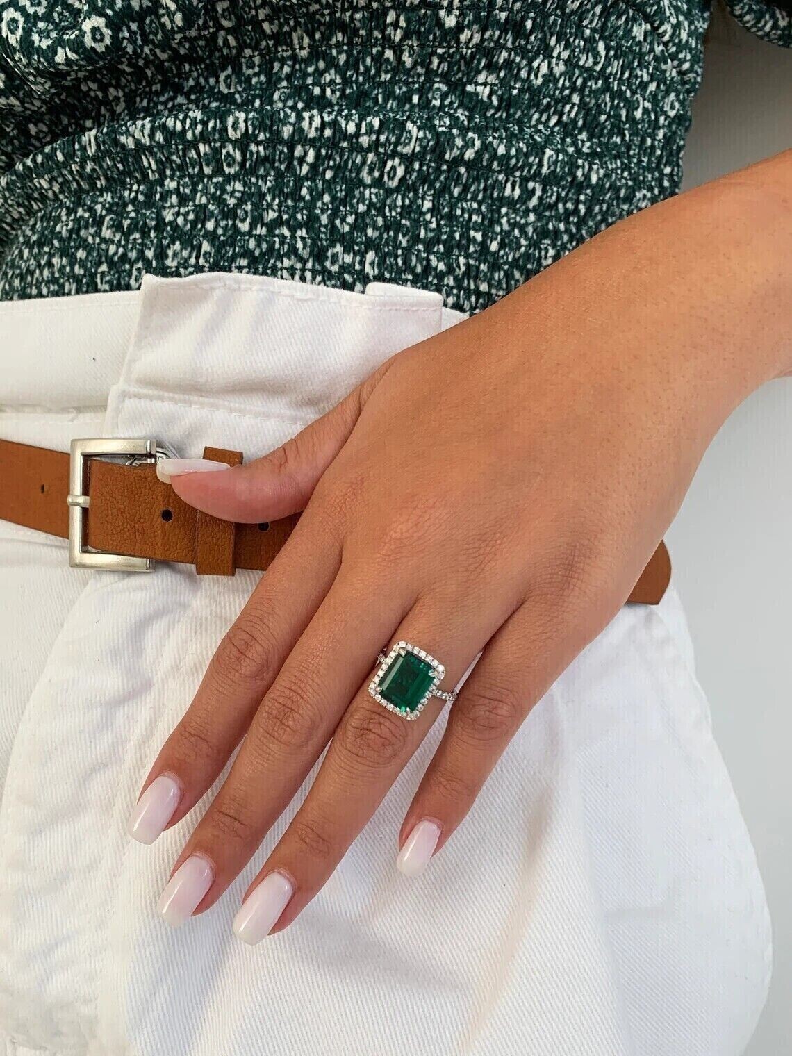 2 Ct Emerald Cut Simulated Green Emerald Wedding Ring 14k White Gold Plated