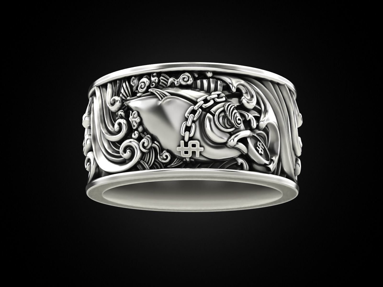 Oxidized Mens Money Grabbing Fish Gothic Punk 925Sterling Silver Statement Rings
