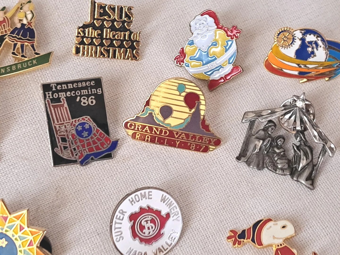 Vintage Enamel Pinback Button Lot Snoopy Enesco Winery Olympics Dutch Religious