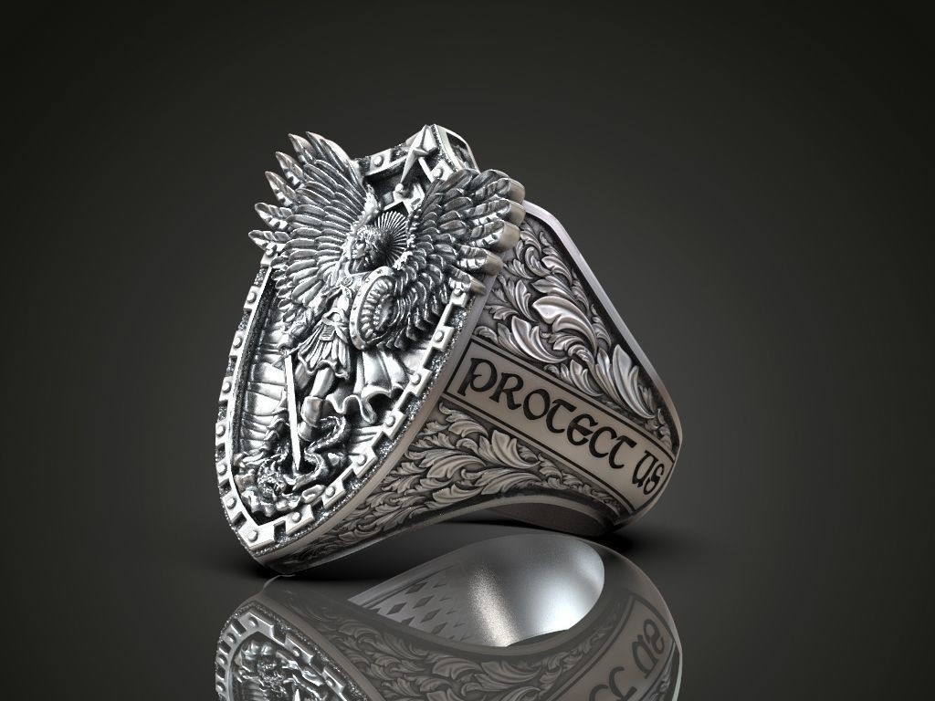 Saint Archangel Michael Dragon Wings & Inscription 925 Silver Statement Rings