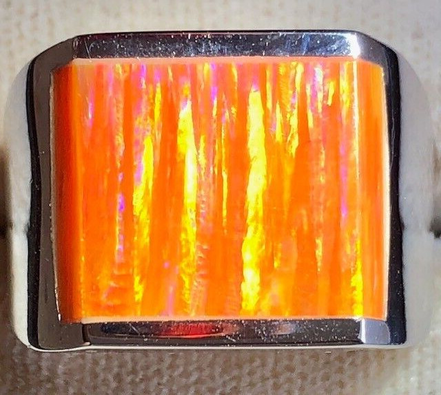 Orange Fire Opal Square Ultra Vivid FLASHES Heavy Sterling Men’s ring 14 VIDEO