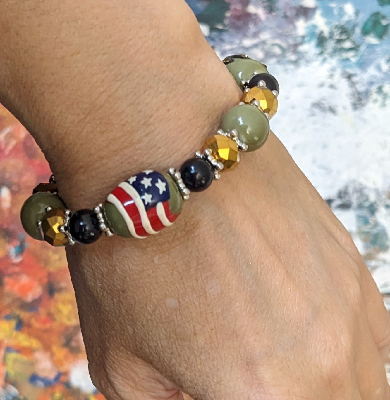 US Army Bracelet Handmade Glass Beaded Woman Stretch Bracelet Green Military