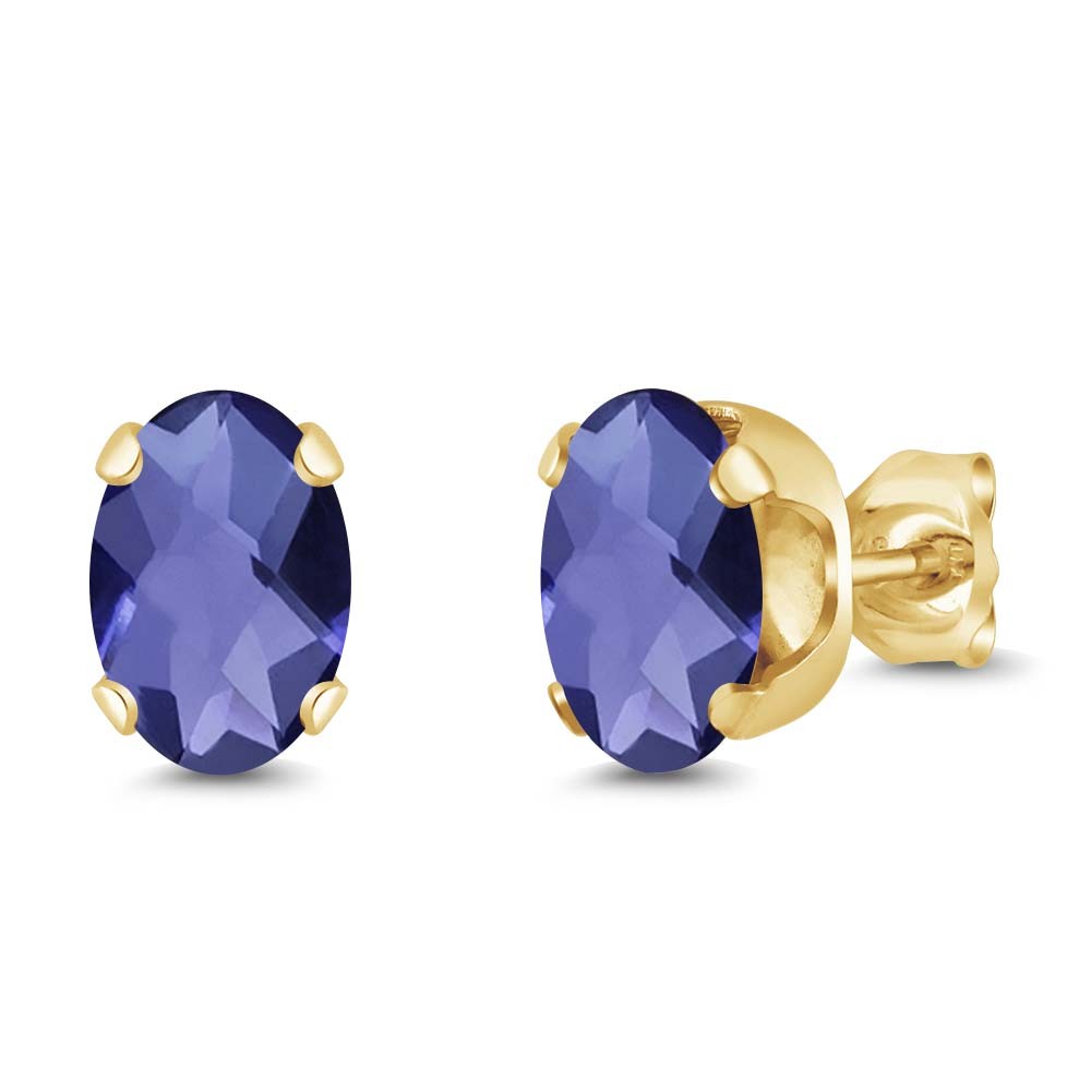 Oval 7x5mm Blue Iolite 1.30 Ct 18K Yellow Gold Plated Silver Stud Earrings
