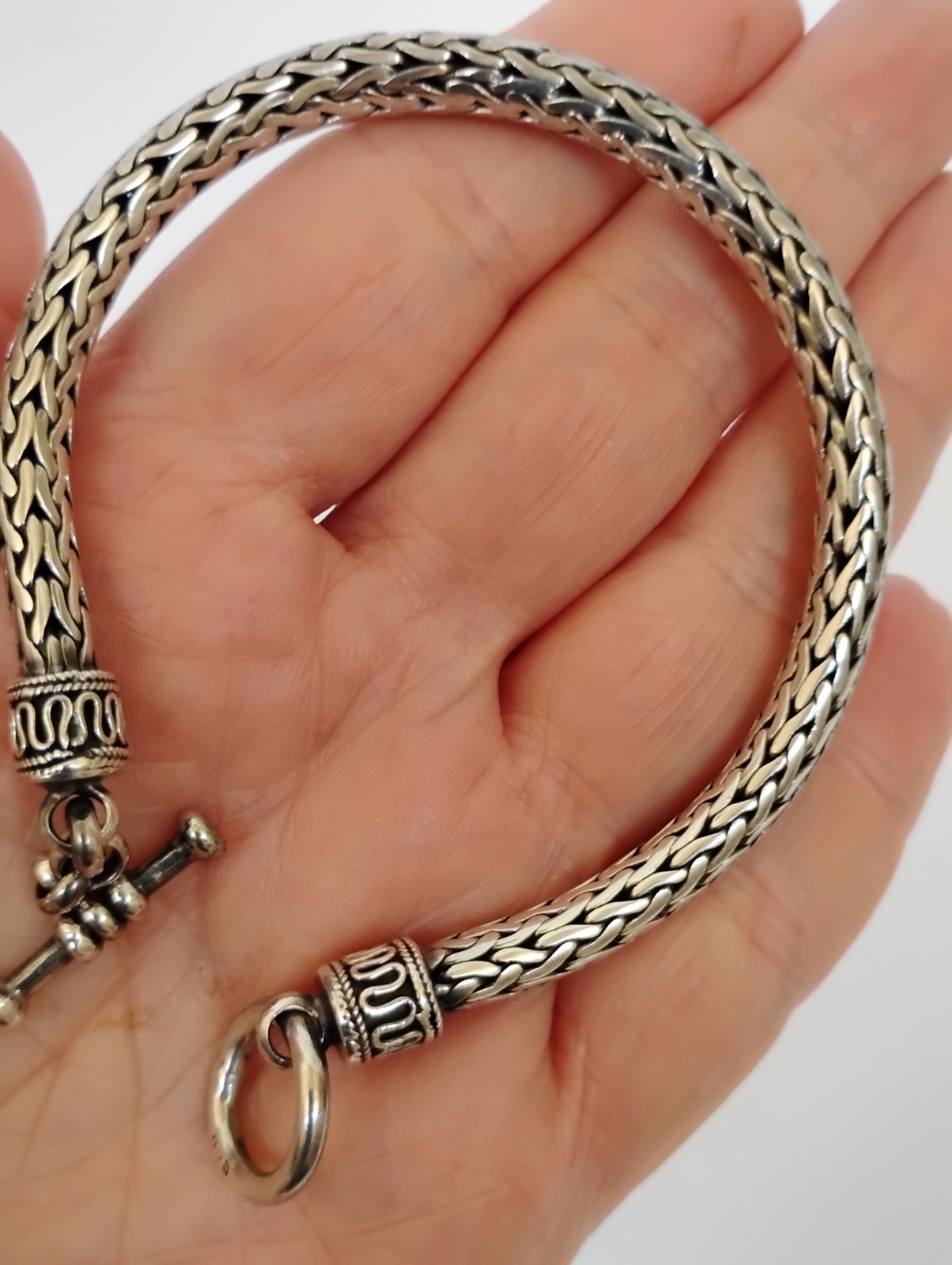 Sterling Silver 6mm Wheat Braided Link Toggle Bracelet 925 Oxidized 33.9g