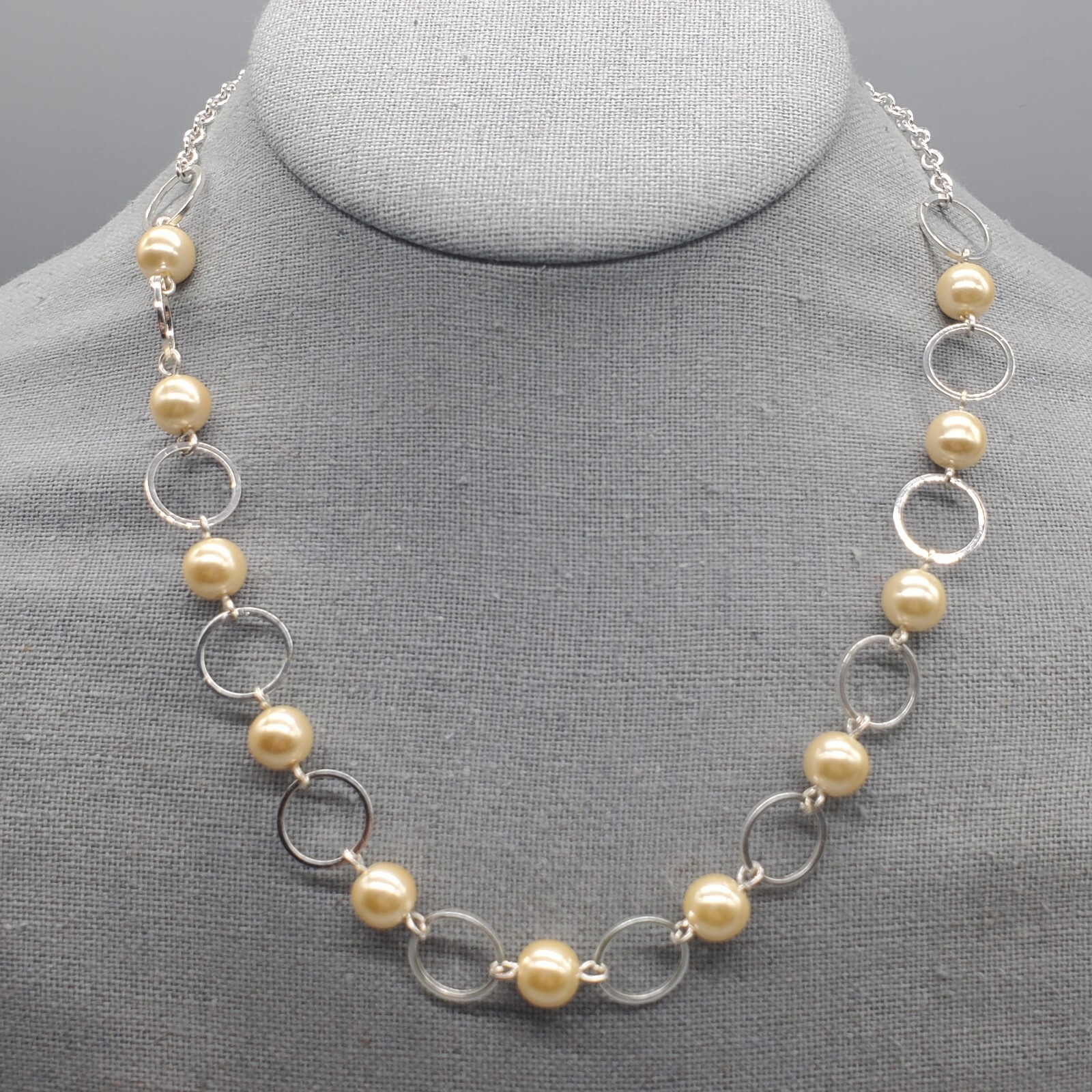 SHB Faux Pearl Necklace Silver Tone Adjustable Lightweight Open Circles